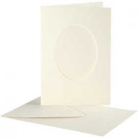 Passepartout Kaarten, afmeting kaart 10,5x15 cm, gatgrootte 6,5x8,8 cm, off-white, ovaal, 10sets, afmeting envelop 11,5x16,5 cm [HOB-23722]