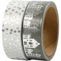 Masking Tape, b: 15 mm, zilver, huizen en stippen - folie, 2x4m [HOB-24798]