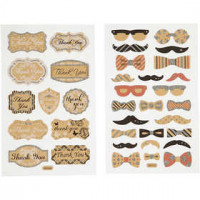 Stickers, vel 10x16 cm, brillen, snorren en 'Thank you' labels, 4vellen [HOB-29102]