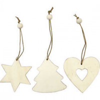 Houten decoraties, hart, ster, kerstboom, afm 6 cm, dikte 3 mm, 9stuks [HOB-56733]