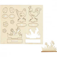DIY Houten figuren, kippen en bloemen, l: 15,5 cm, b: 17 cm, triplex, 1doos, dikte 3 mm [HOB-57889]