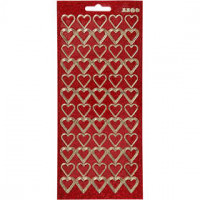 Stickers, vel 10x23 cm, goud, rood glitter, harten, 1vel [HOB-170019]