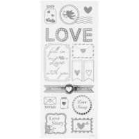 Stickers, vel 10x24 cm, circa 14 stuk, zilver, love, 1vel [HOB-29142]