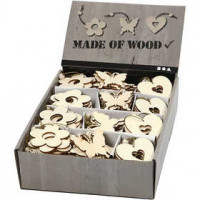 Houten decoraties, bloem, vlinder, hart, afm 6 cm, dikte 3 mm, 200stuks [HOB-56734]