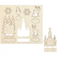 DIY Houten figuren, kerk, kerstbomen, rendier, l: 15,5 cm, b: 17,5 cm, triplex, 1doos, dikte 3 mm [HOB-57883]