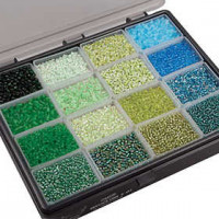 Rocailles - Assortiment, afm 6/0+8/0 , d: 3+4 mm, groen/turquoise harmonie, Exclusief opbergdoos, 16x100gr, gatgrootte 0,6-1,0+0,9-1,2 mm [HOB-68806]