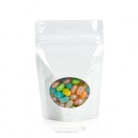 Hersluitbare Stazakken Wit Gemetalliseerd met ovaal venster (met Vouw) 10,2 x 6 x 15,2cm (235ml) (100 Stuks) [ZBGMO2W]